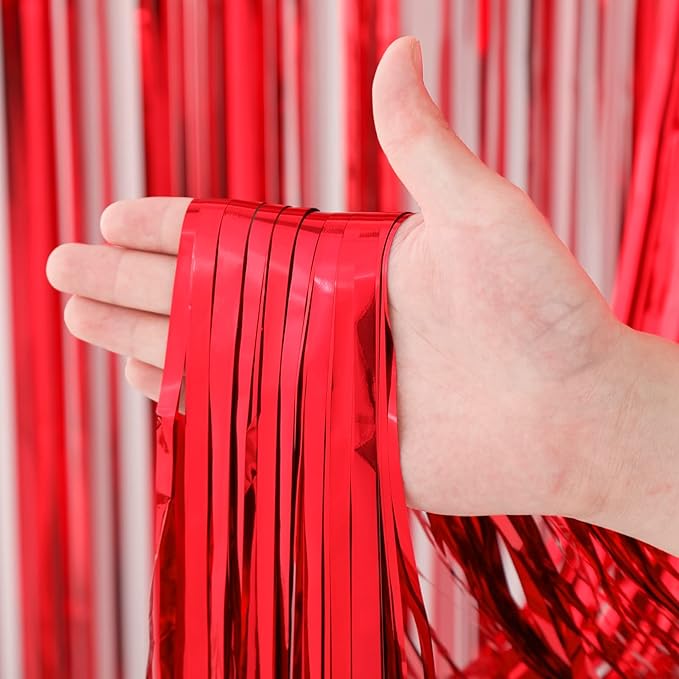 2 Pack Red Foil Fringe Backdrop Curtains, Tinsel Streamers Birthday Party Decorations, Fringe Backdrop for Graduation, Baby Shower, Gender Reveal, Disco Party