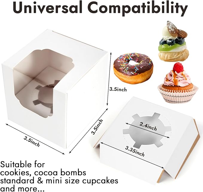 JCD 70pcs Cupcake Boxes, 3.5inches Auto-Pop up Single Individual Pre-Assembled White Cake Boxes with Window and Inserts Single Cupcake Containers for Birthdays, Wedding(White/70Pcs)