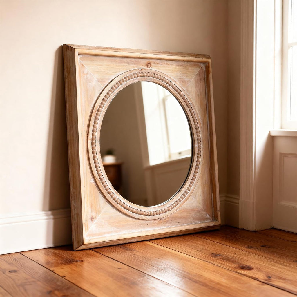 rustic square wood wall mirror with beaded trim, side view