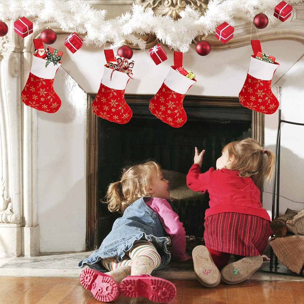 CCINEE 24PCS Christmas Stockings Decoration Snowflakes Stocking Red Fannel Faux Fur Xmas Stockings for Home Decor Fireplace