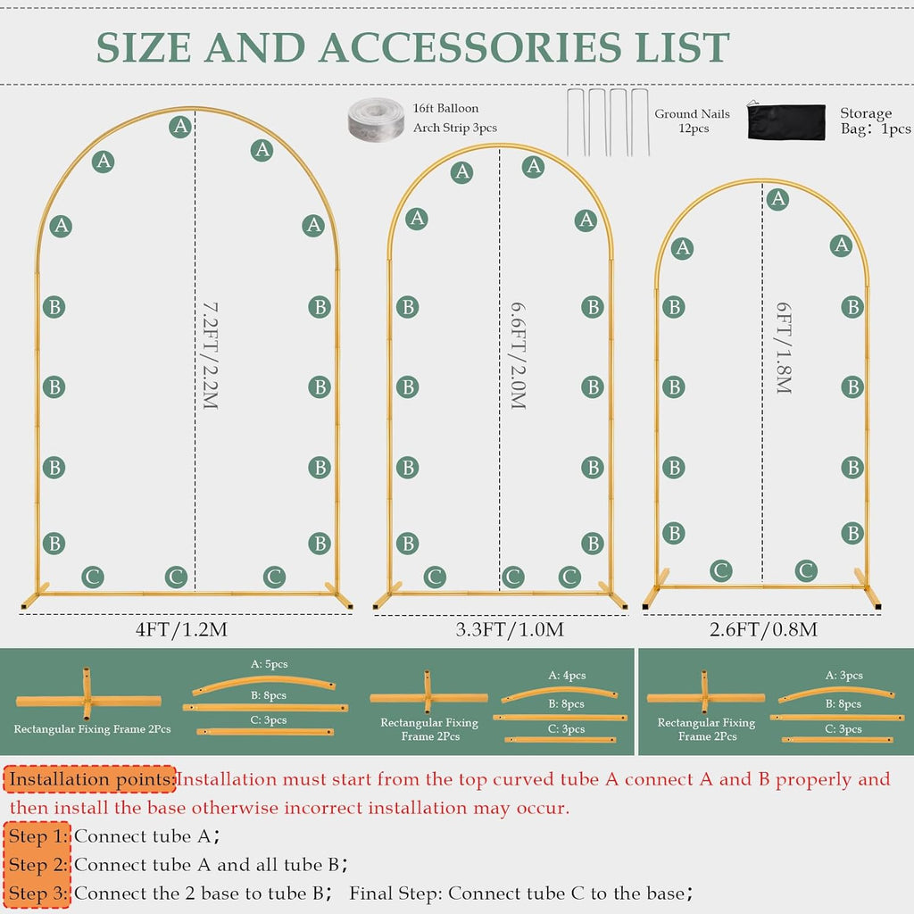 wellsign 7.2ft, 6.6ft, 6ft wedding balloon arch stand showing dimensions