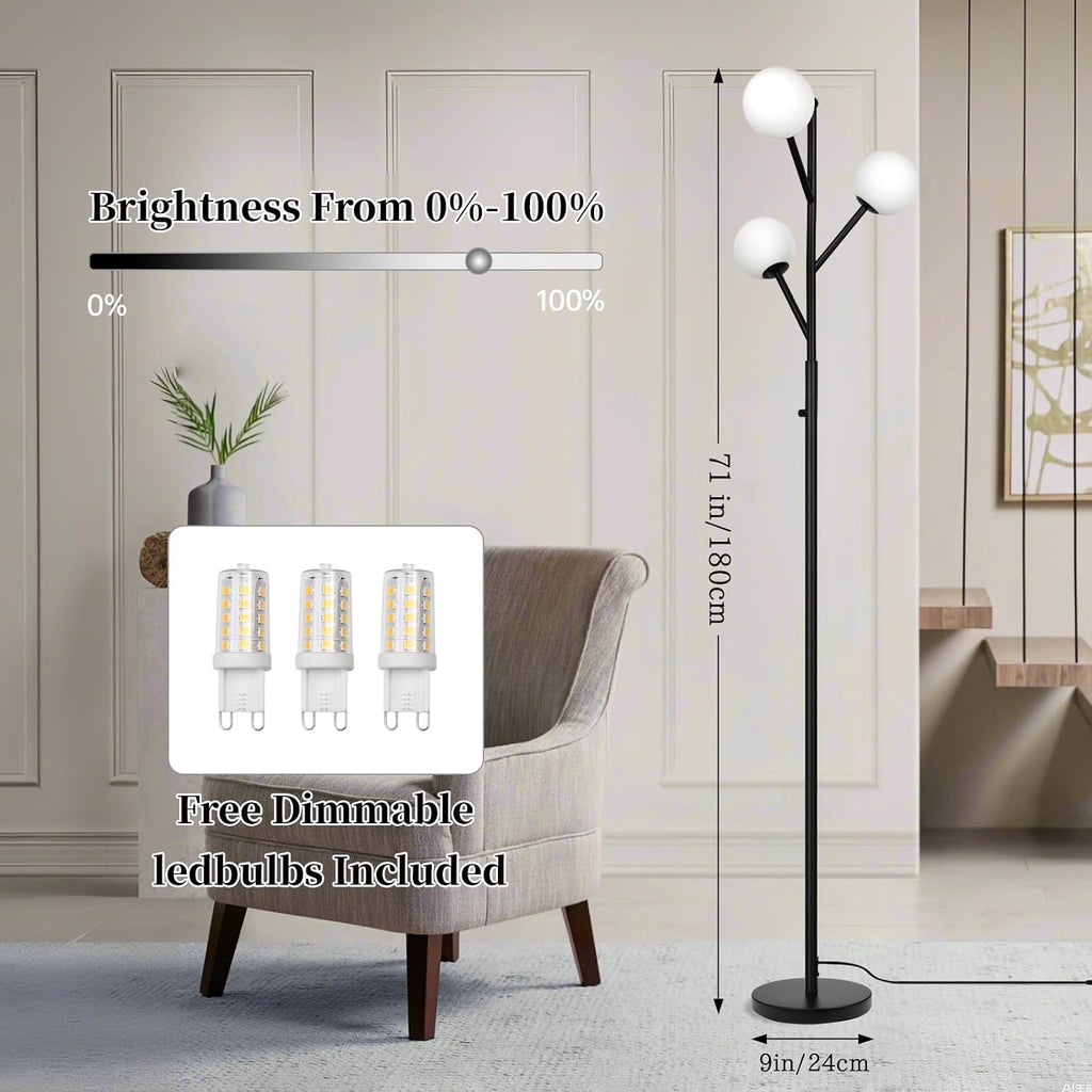 ldeco 3-globe mid century black tree floor lamp, side view