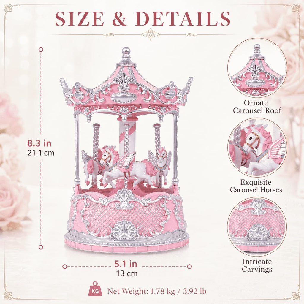 Pink Carousel Horse Snow Globe Music Box with Rotating Horses, Lighted Musical Carousel with 10 Melodies, Glitter, 6 Hours Timer, Gifts for Mom Women Girls Daughter Birthday Christmas Decor