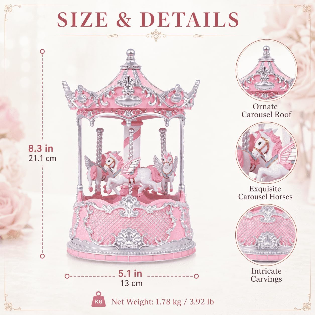 Pink Carousel Horse Snow Globe Music Box with Rotating Horses, Lighted Musical Carousel with 10 Melodies, Glitter, 6 Hours Timer, Gifts for Mom Women Girls Daughter Birthday Christmas Decor