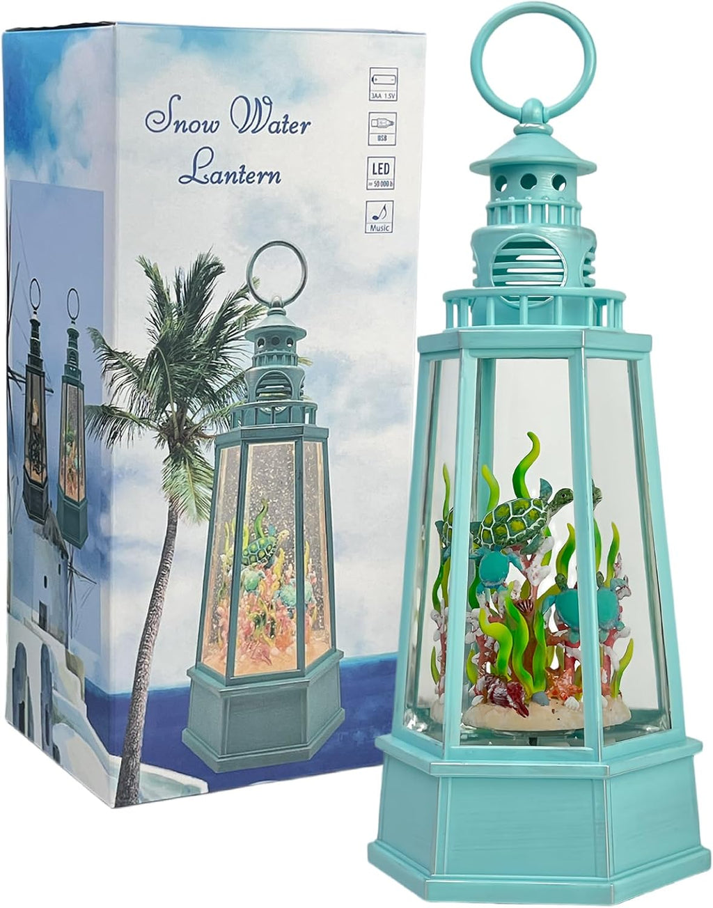 Ocean Themed Snow Globe Lantern with Music - USB or Battery Powered Light Up Water Lantern with Sea Turtle Swirling Glitter Water Globe for Summer Costal Ocean Decor Gift for Ocean Lover (Sea Turtle)