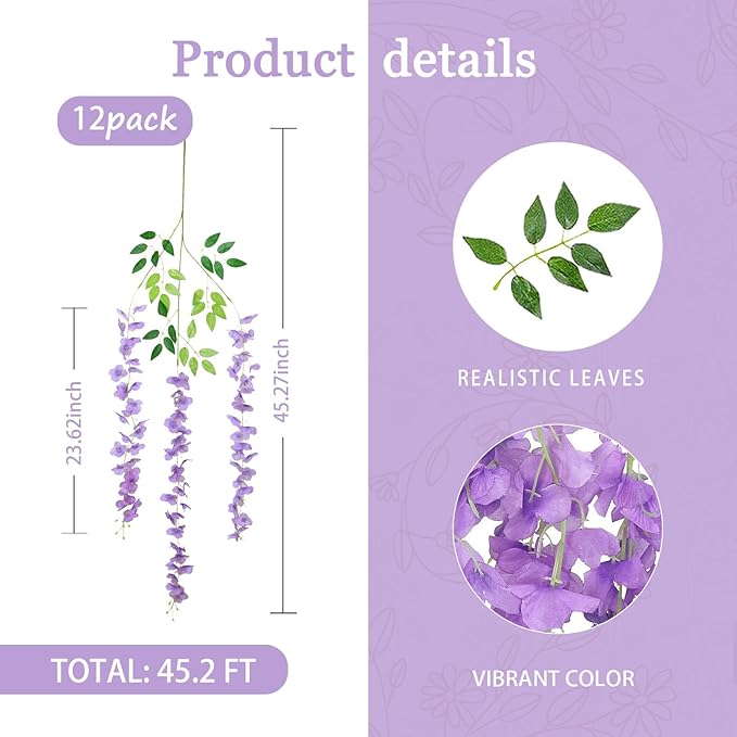 12 Pack Light Purple Wisteria Hanging Flowers Garland, 3.77 Feet Artificial Flower Vines, Fake Wisteria, Artificial Vines Hanging Garland for Backdrop Outdoor Yard Garden Decor
