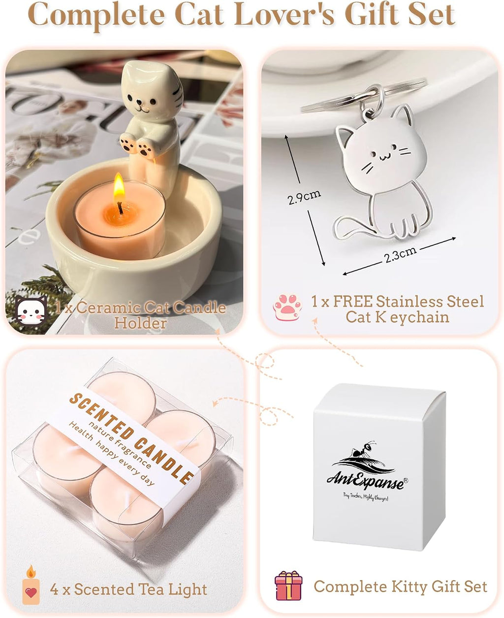 Cat Candle Holder with 4 Scented Tealight Candles & Free Keychain, Cute Ceramic Kitten Candlestick, Cartoon Cat Paw Candle Decor, Cat Lover Gift for Women, Home Aromatherapy Set