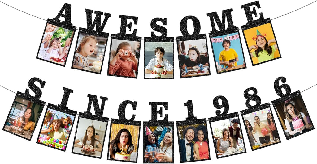Pre-strung Awesome Since 1986 Photo Banner Birthday Decorations for Women Men - Black Glitter 40th Birthday and Anniversary Decorations Party Supplies