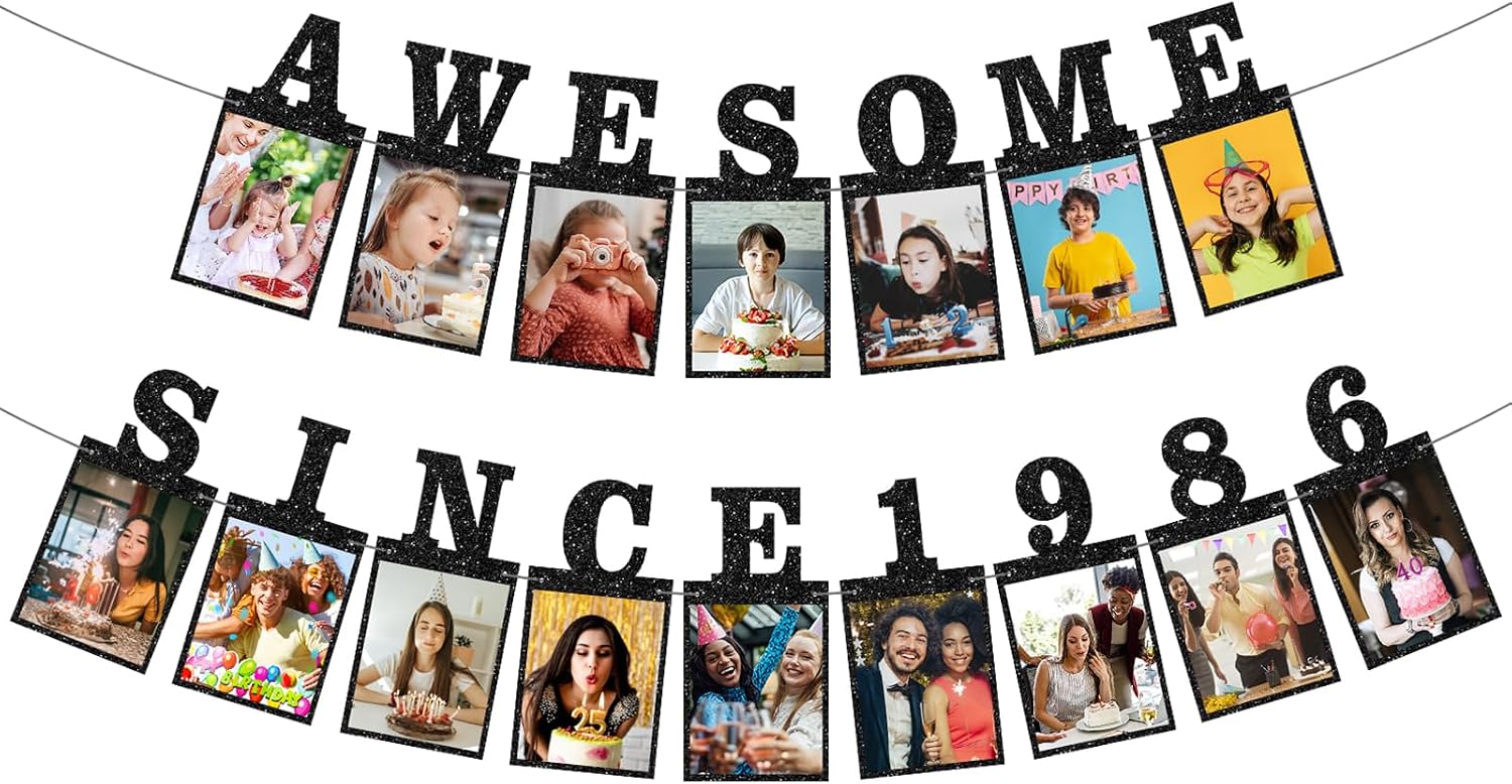 Pre-strung Awesome Since 1986 Photo Banner Birthday Decorations for Women Men - Black Glitter 40th Birthday and Anniversary Decorations Party Supplies