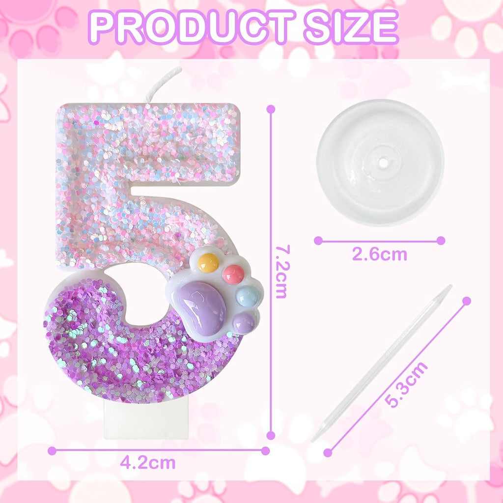 Pink Cat and Dog Paw Birthday Number Candles, Cupcake Decorations, Dog Theme Candles, Suitable for Party Celebrations, Birthday Decoration Supplies (Number 5)