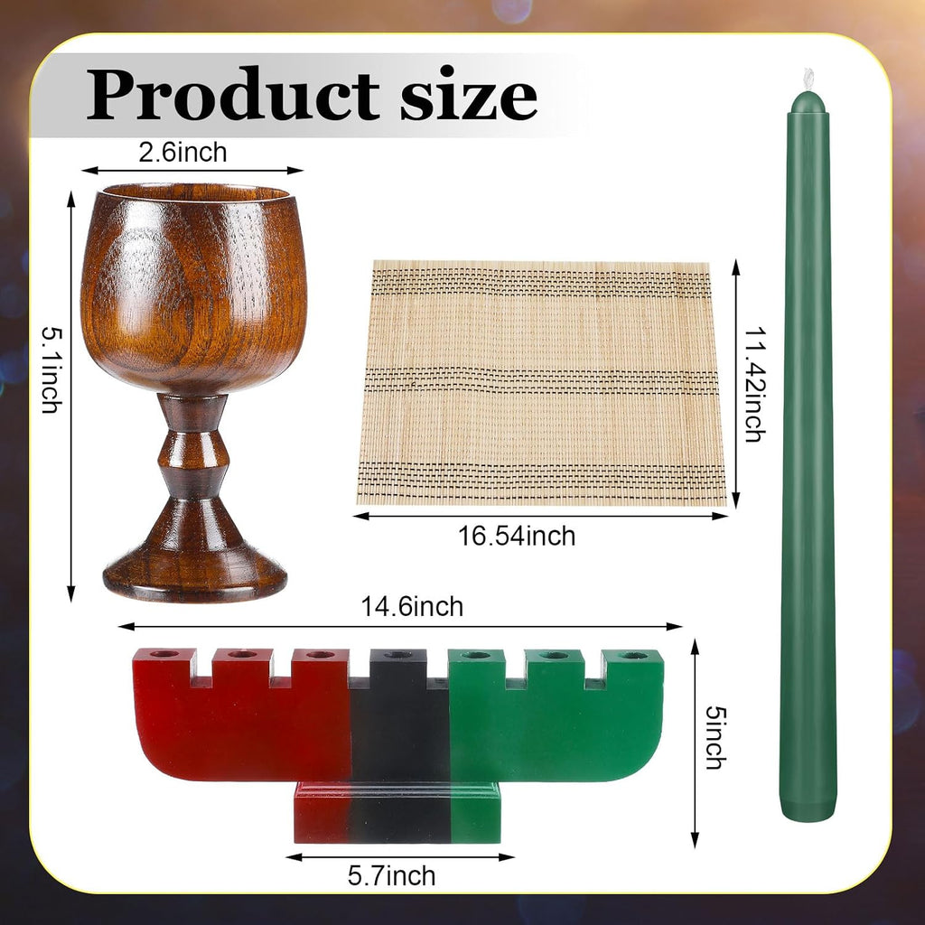 Zubebe 10 Pcs Kwanzaa Kinara Set 3 Red 3 Green 1 Black Kwanzaa Candle Set Kinara Bamboo Table Mat Candle Holder Wooden Wine Goblet for Celebration Decoration(Red Green Black)