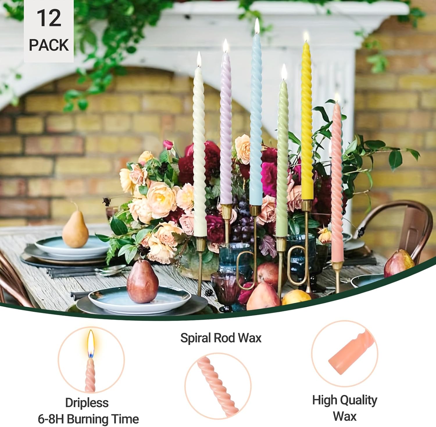 10 Inch Cream Spiral Taper Candles for Home Decoration, 12 Pack Candy-Color Candlesticks for Dinner Party Wedding Holiday