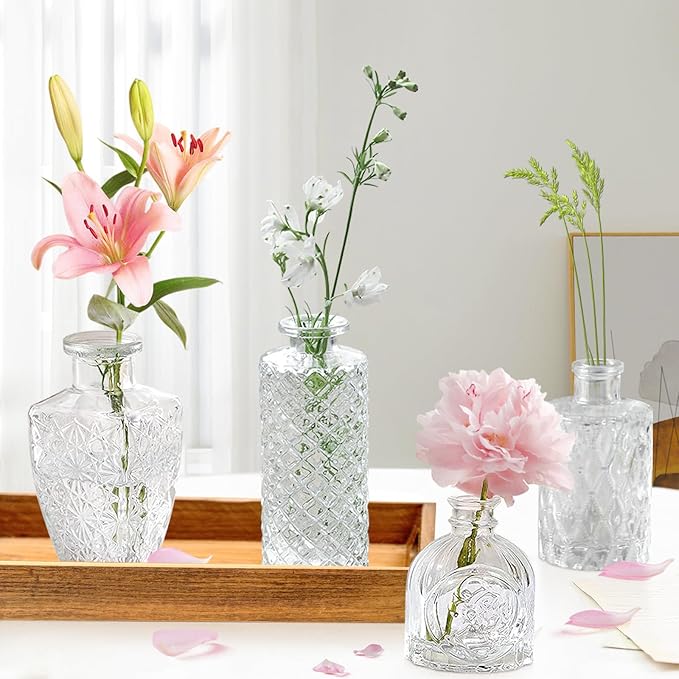 Bud Vases - in Bulk 24,Vintage Small Glass Bud Vases for Flowers, Clear Crystal Mini Glasses in Bulk, Small Flower Design for Centerpieces Wedding Decorations Home Flower Party Decor