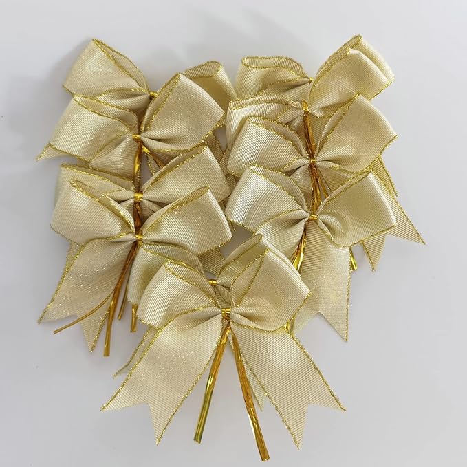 50pcs 3-1/2" White Gold Bows with Twist Ties for Gift Wrapping Packing Christmas Decoration (W.Gold)