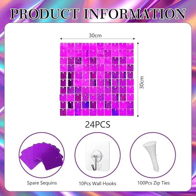 24PCS Purple Shimmer Wall Backdrop, Laser Square Sequin Photo Backdrops Panel, Glitter Wall Background for Birthdays, Weddings, Christmas, Engagements, Disco Bachelorette Party Decoration (4FTx6FT)