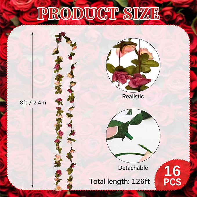 16Pcs 126Ft Dark Pink&Yellow Rose Garland, Fake Rose Hanging Flowers, Artificial Flower Vine, Hanging Floral Vine Garland for Wedding, Wall Arch, Halloween, Christmas Garden Backdrop Decor