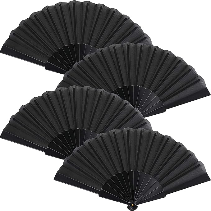 HUNANBANG 4 Pieces Folding Hand Fans Church Wedding Gift, Party Favors, DIY Decoration Gift Size9 Wholesale (Black 4pack)