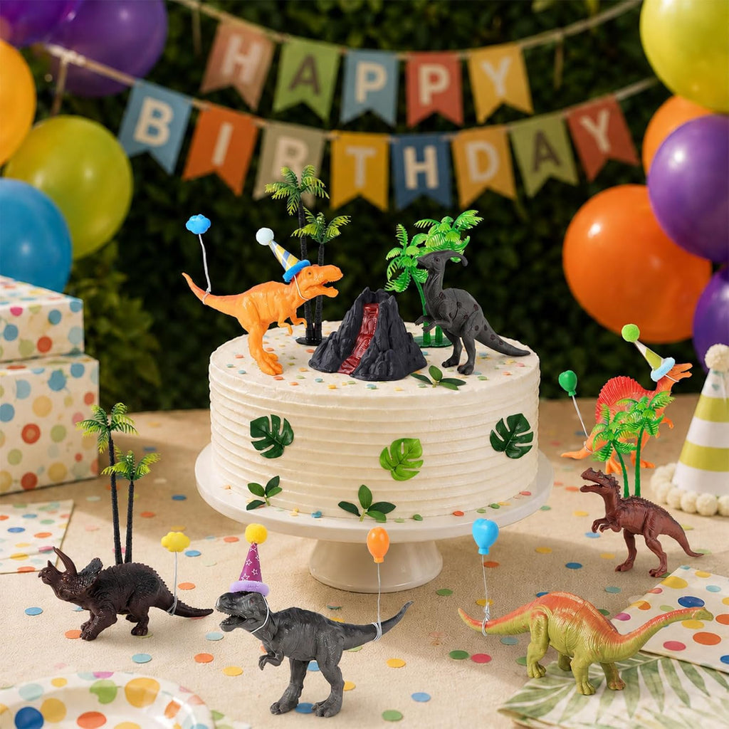 49 Pcs Dinosaur Birthday Cake Decorations, 8 Dinosaur Cake Topper with 1 Volcanic 8 Birthday Hat 8 Mini Balloon Decorations 24 Green Artificial Plant Decorations