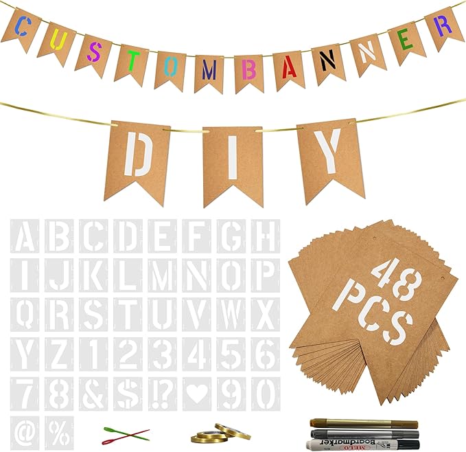48 PCS Custom Banner with Letter Templates Markers Ribbon- Customizable Party Decoration for Birthday Wedding Baby Shower