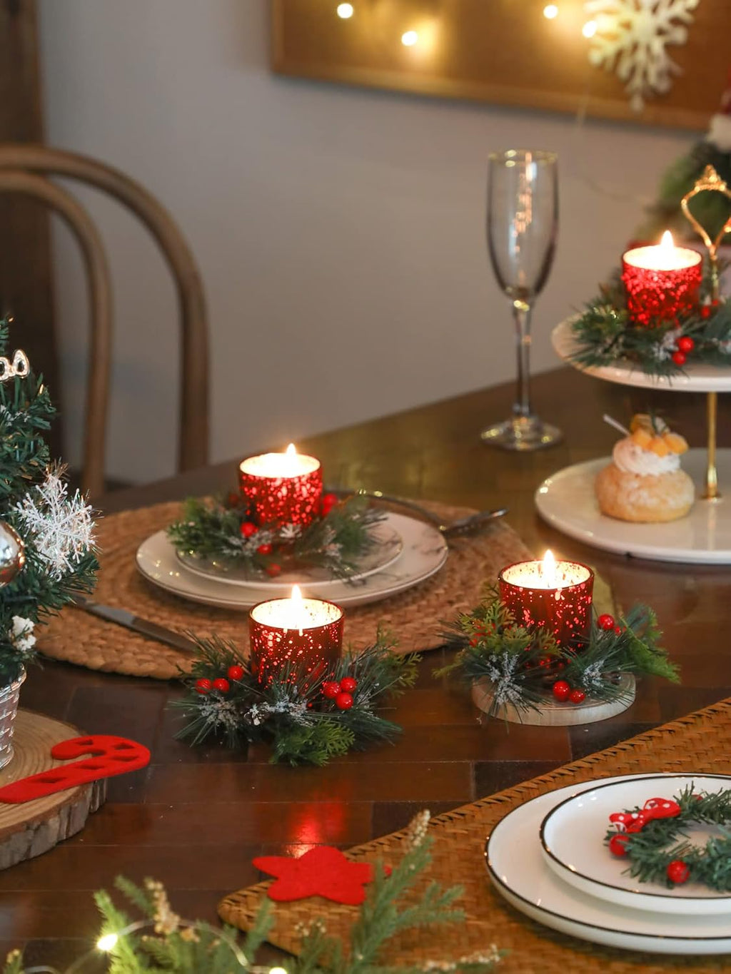 Christmas Candle Ring, 4 Pcs Votive Candle with Red Berry Pinecone, Xmas Ring Candle for Table Centerpiece Decoration Wedding Holiday,Red