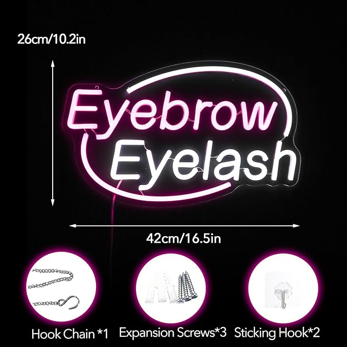 Eyebrows Eyelash Neon Sign, Pink and White Letter Neon Lights For Wall Decor, Girls Makeup Room Bedroom Beauty Salon Eyelash Studio Decoration（16.5 X 10.2 inch）