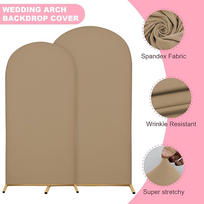 7.2FT Wedding Arch Covers Arch Backdrop Cover Arch Stand Covers Set Arch Cover Spandex Fabric Stretchy Backdrop for Wedding Birthday Party Decoration Baby Shower (Khaki)
