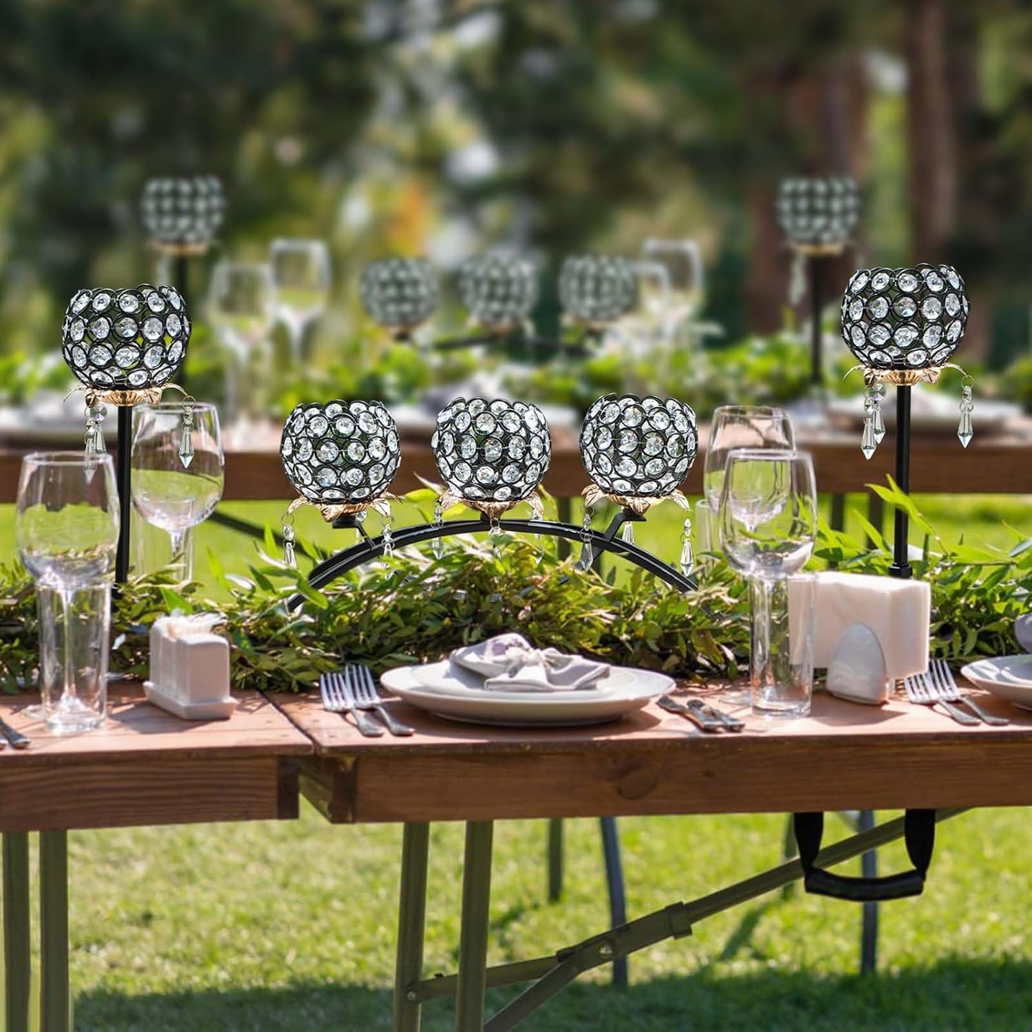 Set of 3 Crystal Tea Light Candlestick Holders Flower Shape with Crystal Pendant Bowl Votive Metal Candle Holder for Table Centerpieces Wedding Home Decor (Black+Gold)