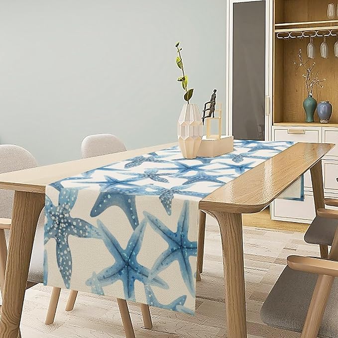 Starfish Plaid Table Flag Green Plaid and Marine Life Starfish Kitchen Table Flag Suitable for Birthday Party Restaurant Decoration Outdoor Picnic 13 * 70 Inch