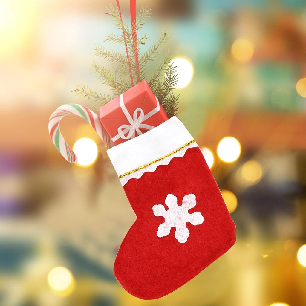 Jmkcoz 20 Pack Christmas Mini Stockings Sock Decoration Snowflake Tableware Holders, Red Felt Knife Spoon Fork Bag Candy Pouch Bag Plush Cuff Socking for Xmas Party Tree Dinner Table Home Ornaments