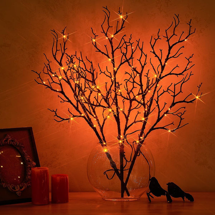 Fudios Lighted Halloween Branches with Timer Orange Fairy Lights 21IN 75L,Battery Operated Black Twig Branch Lights Indoor Outdoor Use for Halloween Party Decoration