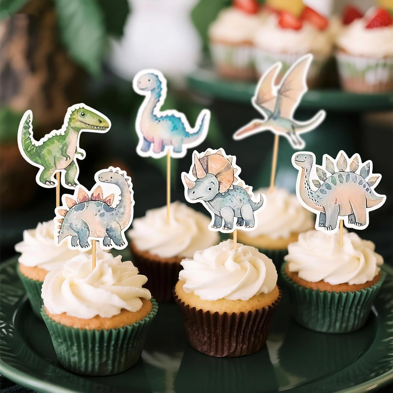 24 PCS Dinosaur Cupcake Toppers, Dinosaur Cake Toppers Decorations Dino Cupcake Picks Party Supplies for Kids Dinosaur Theme Birthday Party Baby Shower (Dino Cupcake Toppers) (Green) (Light Blue)
