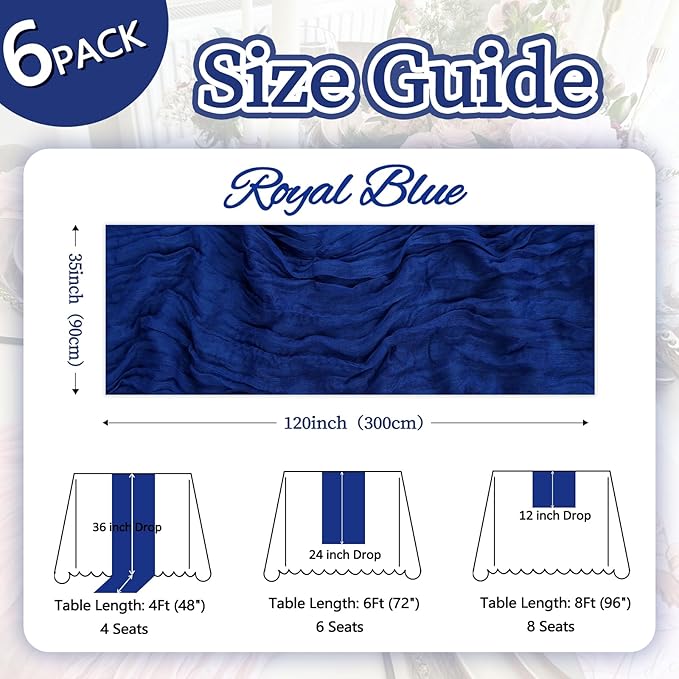 6 Pack Royal Blue Table Runner 10ft Boho Gauze Fabric Cheese Cloth Table Runner 35 x 120 Inch Rustic Sheer Runner for Romantic Wedding Decor Baby Shower Party Table Centerpiece Decorations