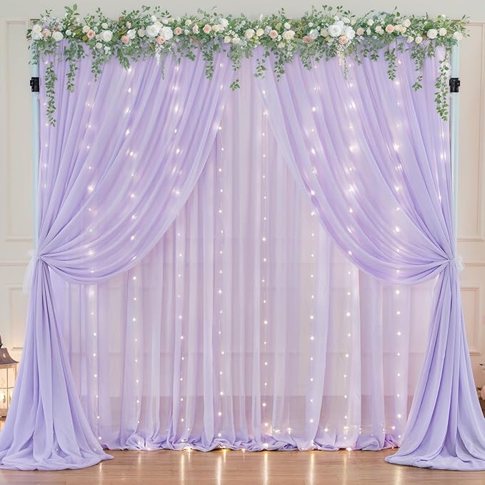 10ft x 7ft Lavender Chiffon Backdrop Curtain with Lights String for Parites Wedding Wrinkle Free Curtain Photo Backdrops Drapes for Baby Shower Birthday Party Home Decorations