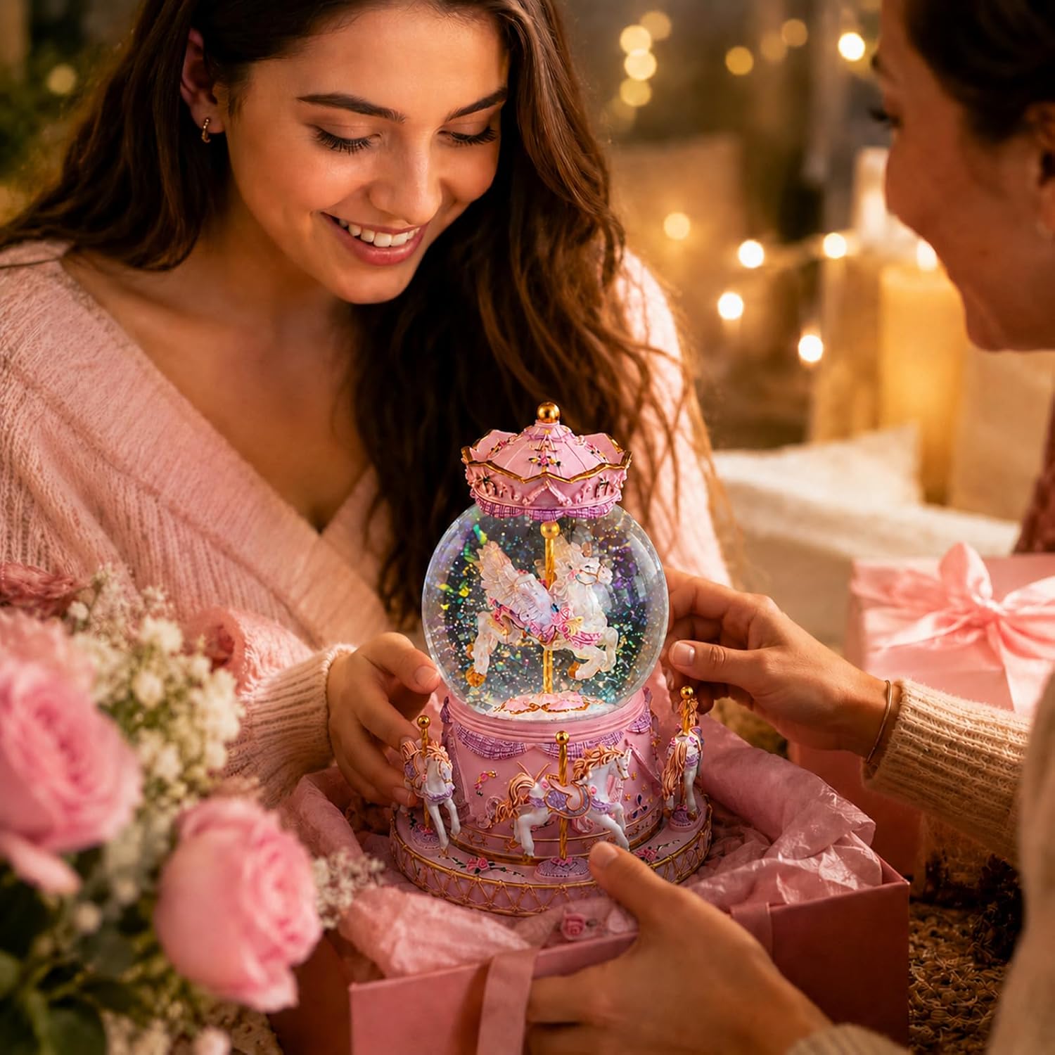 Unicorn Carousel Snow Globe Music Box, Plays You are My Sunshine, Rotating Horse Musical Snow Globe Gift for Daughter Girls Women, Birthday Christmas for Wife Sister Friend