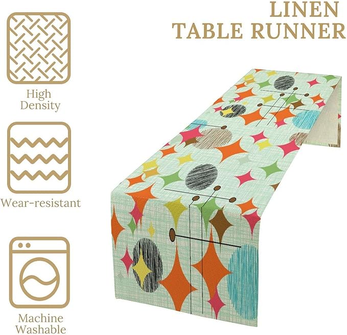 Mid Century Table Runner,Abstract Retro Modern Geometric Colorful Stripe Pattern Print Tablecloth Burlap for Hotel Indoors Outdoor Dining Room Kitchen Holiday Party, 13x90in