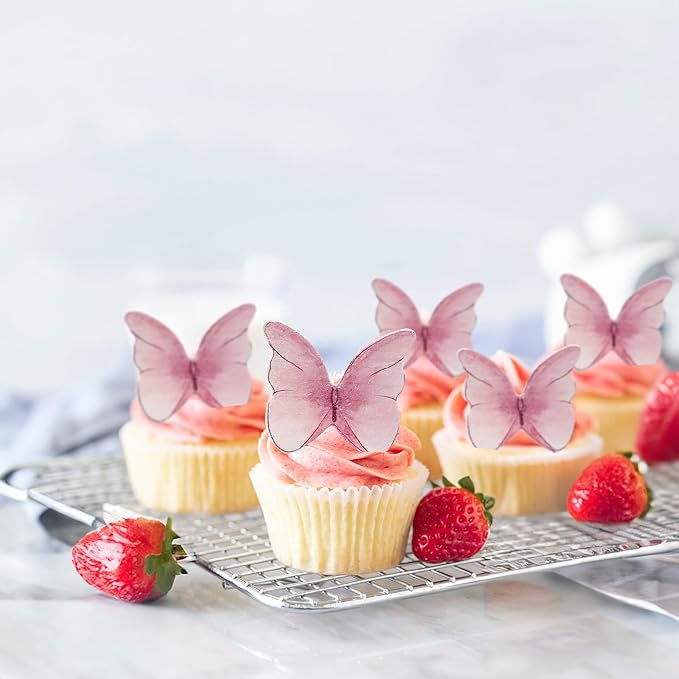 Ephlyn 48Pcs Edible Butterfly Cupcake Toppers Cute 3D Butterfly Cake Picks for Butterfly Theme Baby Shower Bridal Shower Boys Girls Birthday Party Cake Decorations Supplies Pink