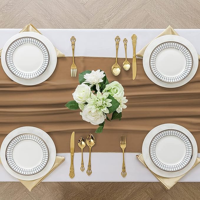 2 Pack 10 Ft Chiffon Table Runner Brown Gauze Long Table Runners 27x120 Inches Sheer Tulle Table Runner for Rustic Wedding Reception Bridal Shower Decorations Birthday Party