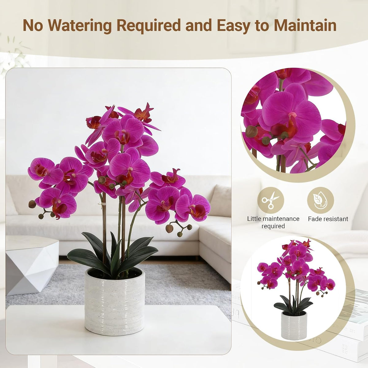 faux orchid plant 23" tall, realistic touch leaves, side view