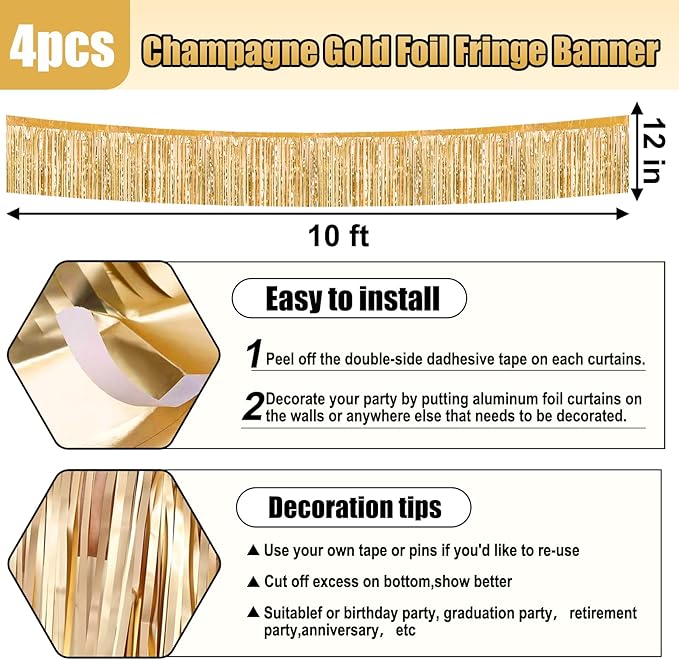 4 Pack 10 Feet Rainbow Foil Fringe Garland Metallic Tinsel Streamers Banner Wall Hanging Curtain Backdrop for Parade Floats, Wedding, Graduate, Mother's Day, Birthday Party Decoration