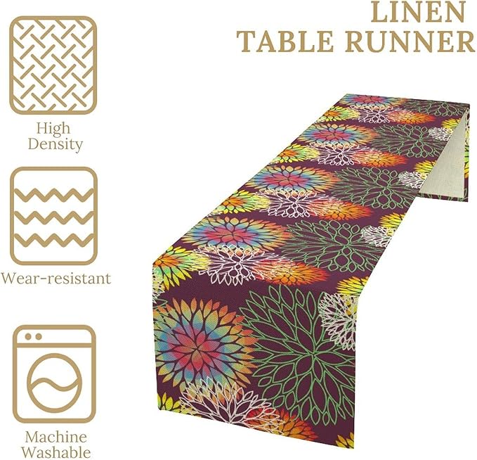 Brown Dahlia Flower Table Runner, Linen Geometric Pattern Floral Table Decor Spring Farmhouse Decorations for Kitchen Dining Holiday Party Decor, 13x36 Inch