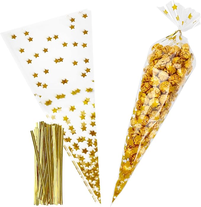 EKAPACKAGING 50Pcs Star Print 7x15 Inches Cone Shaped Treat Cellophane Bags Twist Tie Triangle Christmas Party Favor Cotton Candy Bags With Ties For Popcorn, Chocolates, Ice Cream Cone