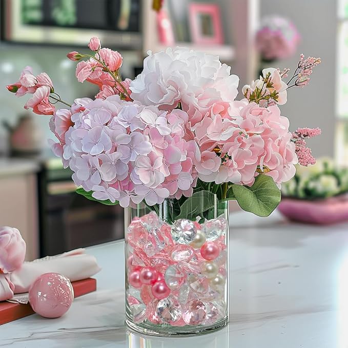 HappyFiller 1075 PCS Floating Pearl Beads,Gems for Centerpiece,Vase Filler Fink Faux Pearls Fake Crystal Diamonds,Table Candles Party Wedding Decoration 14 OZ