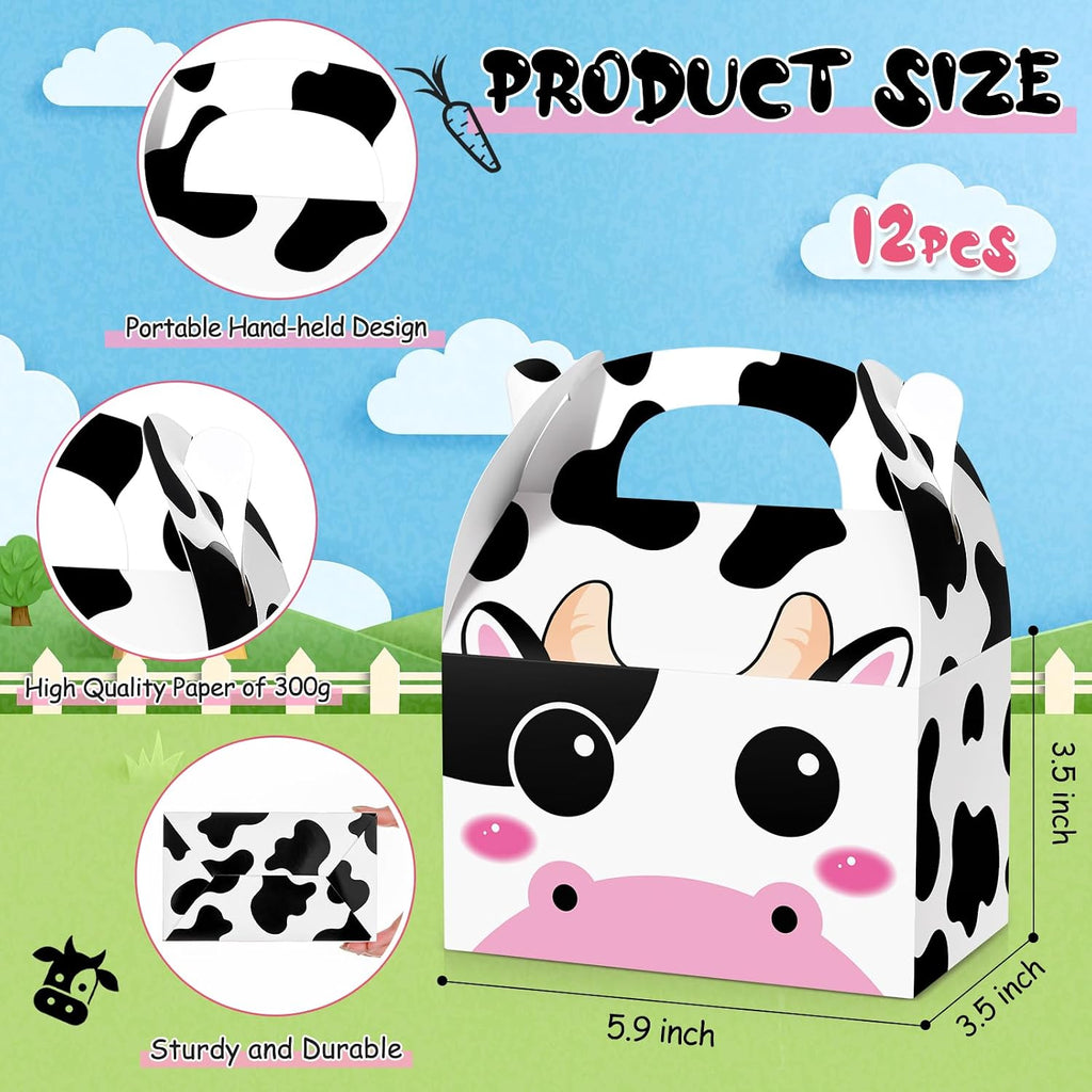 Sherr 12 Pack Cow Boxes for Party Favors Decorations Cow Treat Candy Goodie Candy Treat Boxes Reusable Print Gift Bags for Birthday Farm Animals Party Supplies