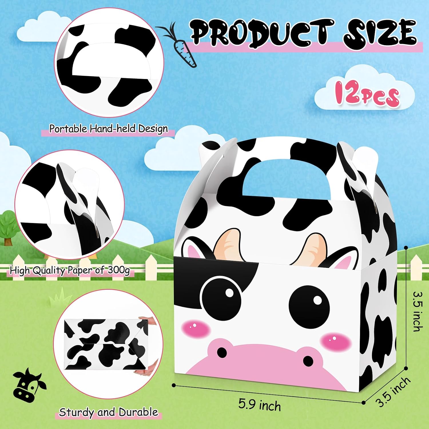 Sherr 12 Pack Cow Boxes for Party Favors Decorations Cow Treat Candy Goodie Candy Treat Boxes Reusable Print Gift Bags for Birthday Farm Animals Party Supplies