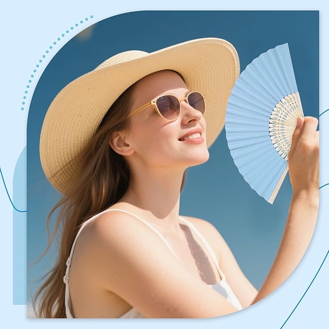 JOHOUSE 12Pcs Blue Paper Folding Hand Fans, 8.3 Inch Handheld Portable Decorative Fans for Wedding, Outdoor Party Favors, Baby Shower Decorations DIY Crafts Photography Prop