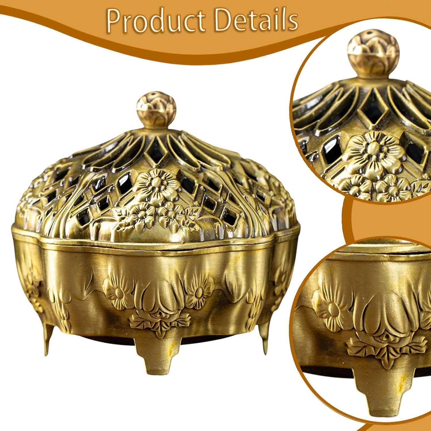 Brass Censer Bowl Holder with Lid Coil Cone Stick Accessory Traditional Round Base Patterned Craft Suitable for, Yellow