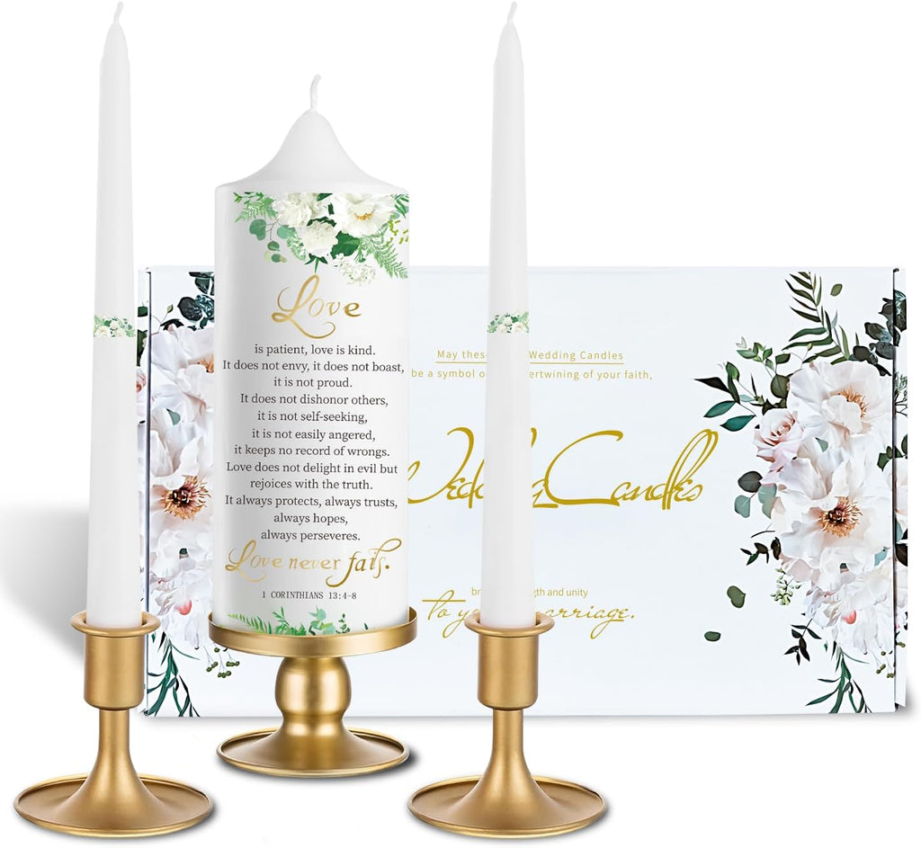 3 Unity Floral Candles for Wedding Ceremony Set with Gold Candle Holders, Bible Wedding Unity Set – Elegant Gift for Bride, Groom, Religious or Catholic Weddings