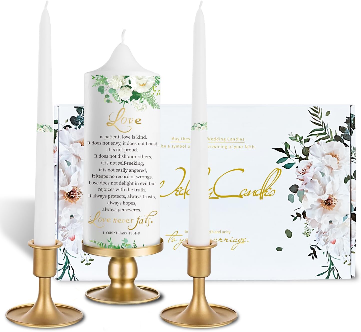 3 Unity Floral Candles for Wedding Ceremony Set with Gold Candle Holders, Bible Wedding Unity Set – Elegant Gift for Bride, Groom, Religious or Catholic Weddings