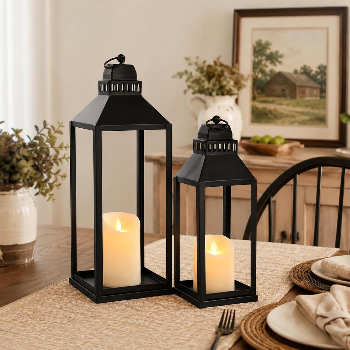 Decorative Lanterns Indoor Outdoor, 2Pcs 17" 13" Black Lantern with...