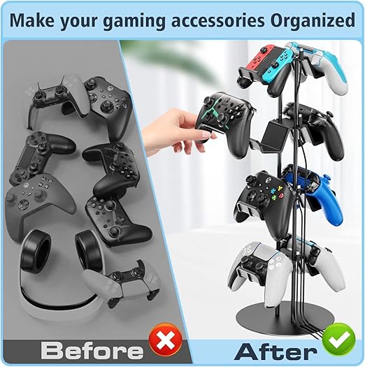 Kytok Controller Stand 4 Tiers with Cable Organizer for Desk, Universal Headphone Stand Compatible with Xbox PS5 PS4 Nintendo Switch, Headset Holder & Desk Mounts for 8 Packs Controller